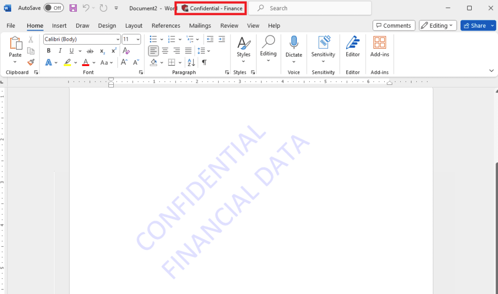 A new document with “Confidential – Finance” label and “Confidential Financial Data” watermarked across the document diagonally.