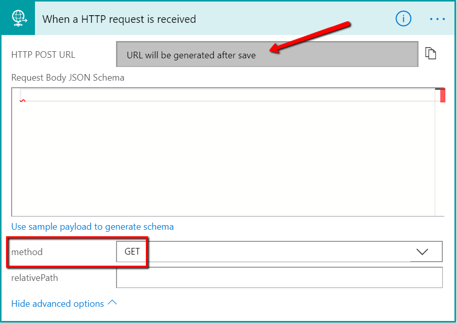 Select “URL will be generated after save” to use the GET method in Power Automate.
