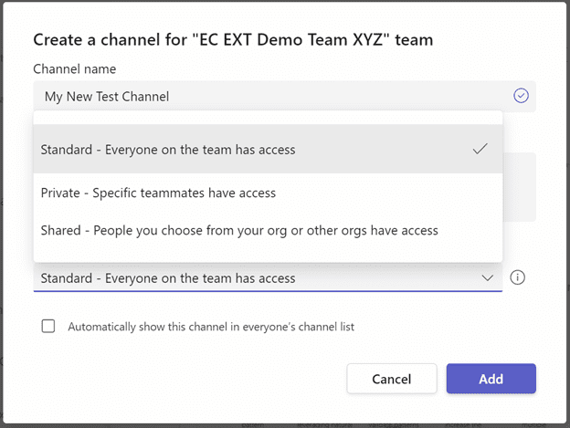Microsoft Teams Private and Shared Channels creation pop-up