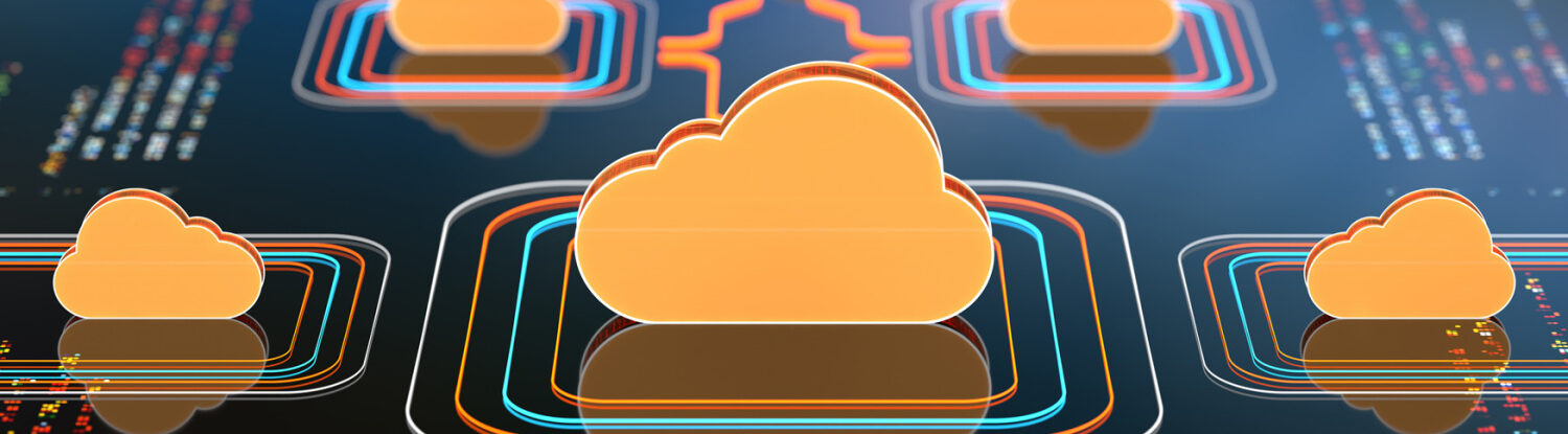 Stylized illustration of multiple cloud icons connected by glowing lines, representing a network of cloud computing systems and data flow across interconnected platforms.