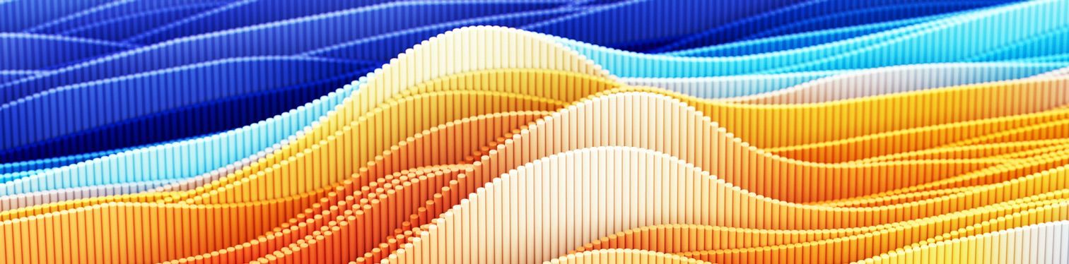 Abstract 3D illustration of colorful wavy layers made of cylindrical pillars in shades of blue, orange, yellow, and white, creating a dynamic pattern that evokes data flow, artificial intelligence, and digital transformation.