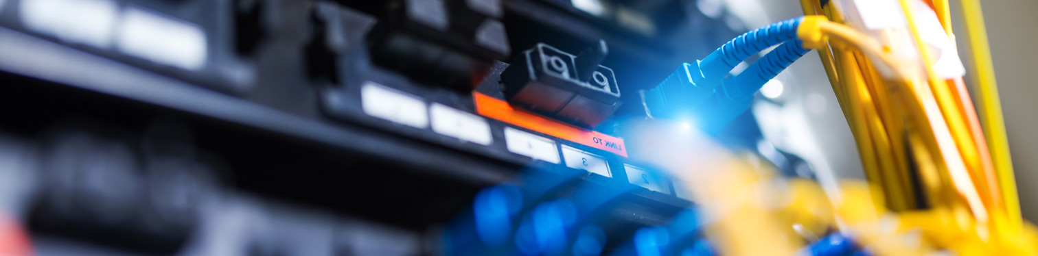 Close-up of fiber optic cables connected to a network switch in a server rack, highlighting high-speed connectivity and data center infrastructure.